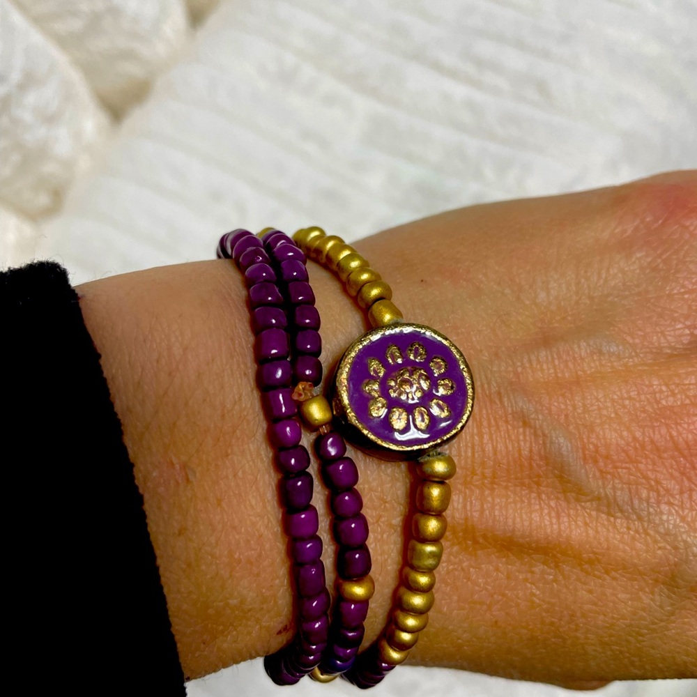 3 Purple and Gold Beaded Bracelet